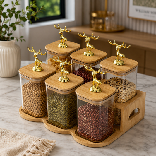 Glass Jar Set with Wooden Stand Premium Kitchen Storage Organizer